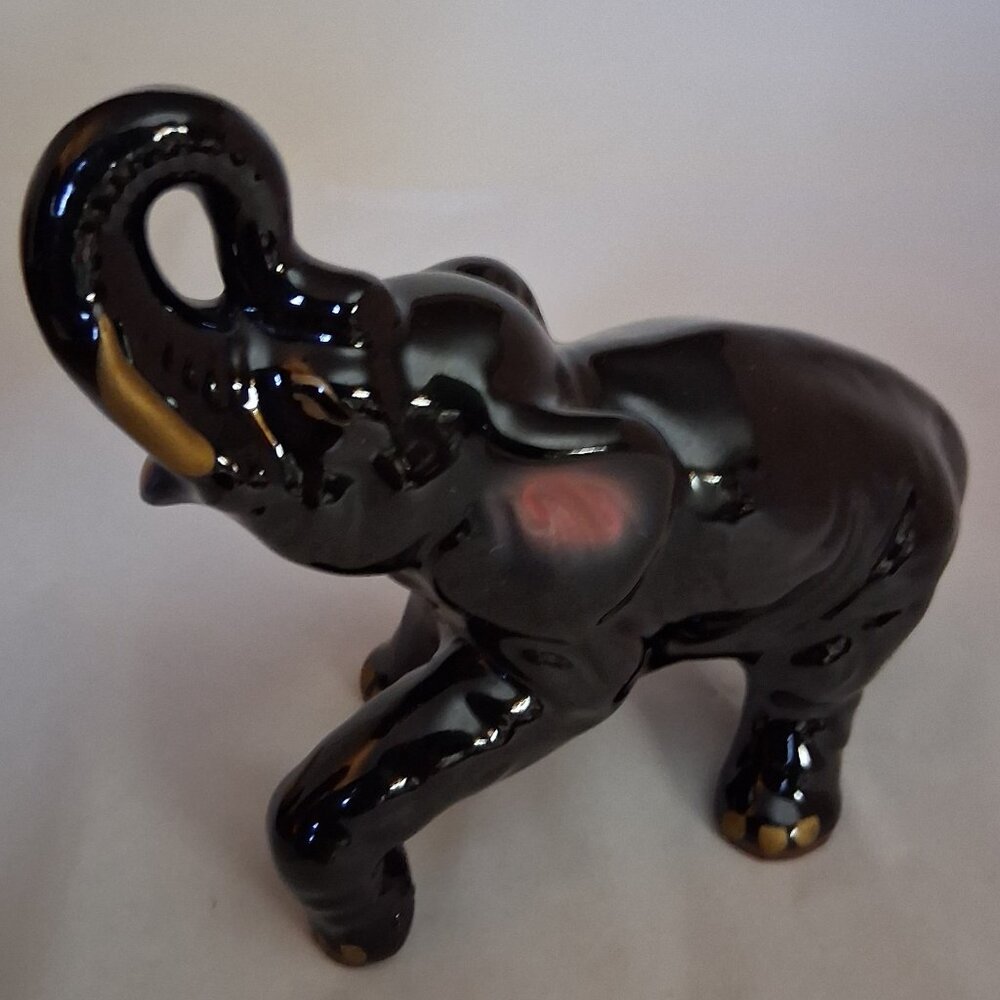 Vintage Japan Black Elephant Figurine - Made in Japan Elephant Black & Pink MCM
